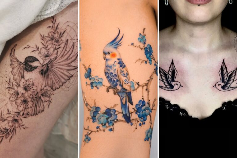 Aesthetic bird tattoo ideas for women with meaning and delicate ink ideas collage