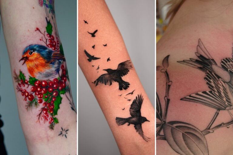 Aesthetic bird tattoos ideas for women and delicate ink ideas collage