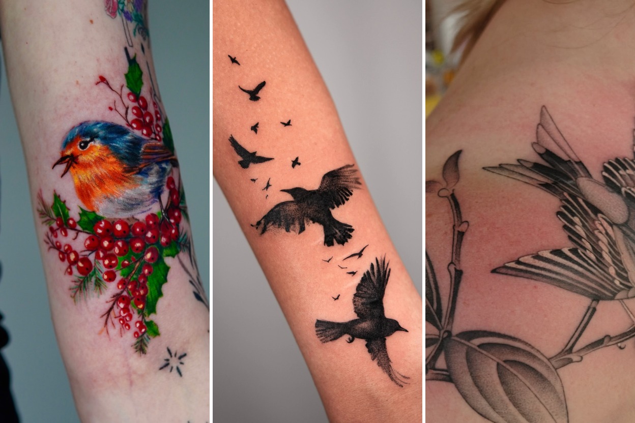 Aesthetic bird tattoos ideas for women and delicate ink ideas collage
