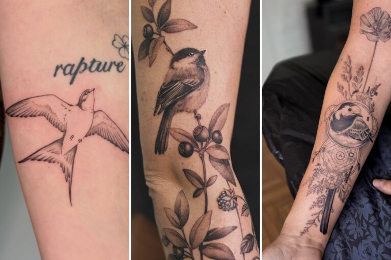 Aesthetic bird tattoos ideas for women and delicate ink ideas collage