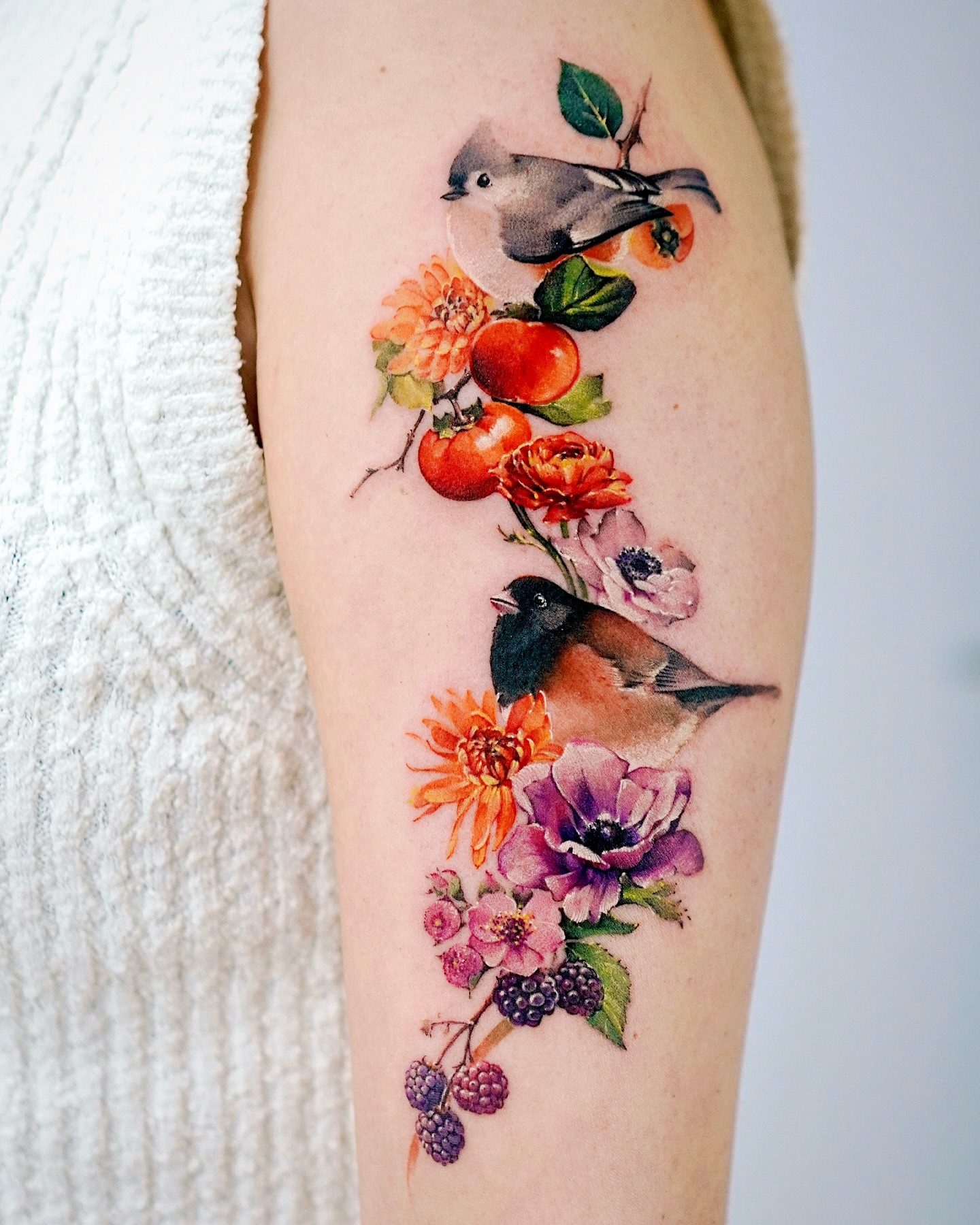 Birds and Wildflower Sleeve Tattoo