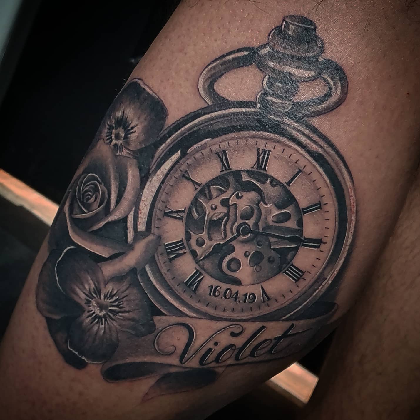 Double Birth Clock Tattoo With Colorful Birth Flowers birth clock tattoos tattoo