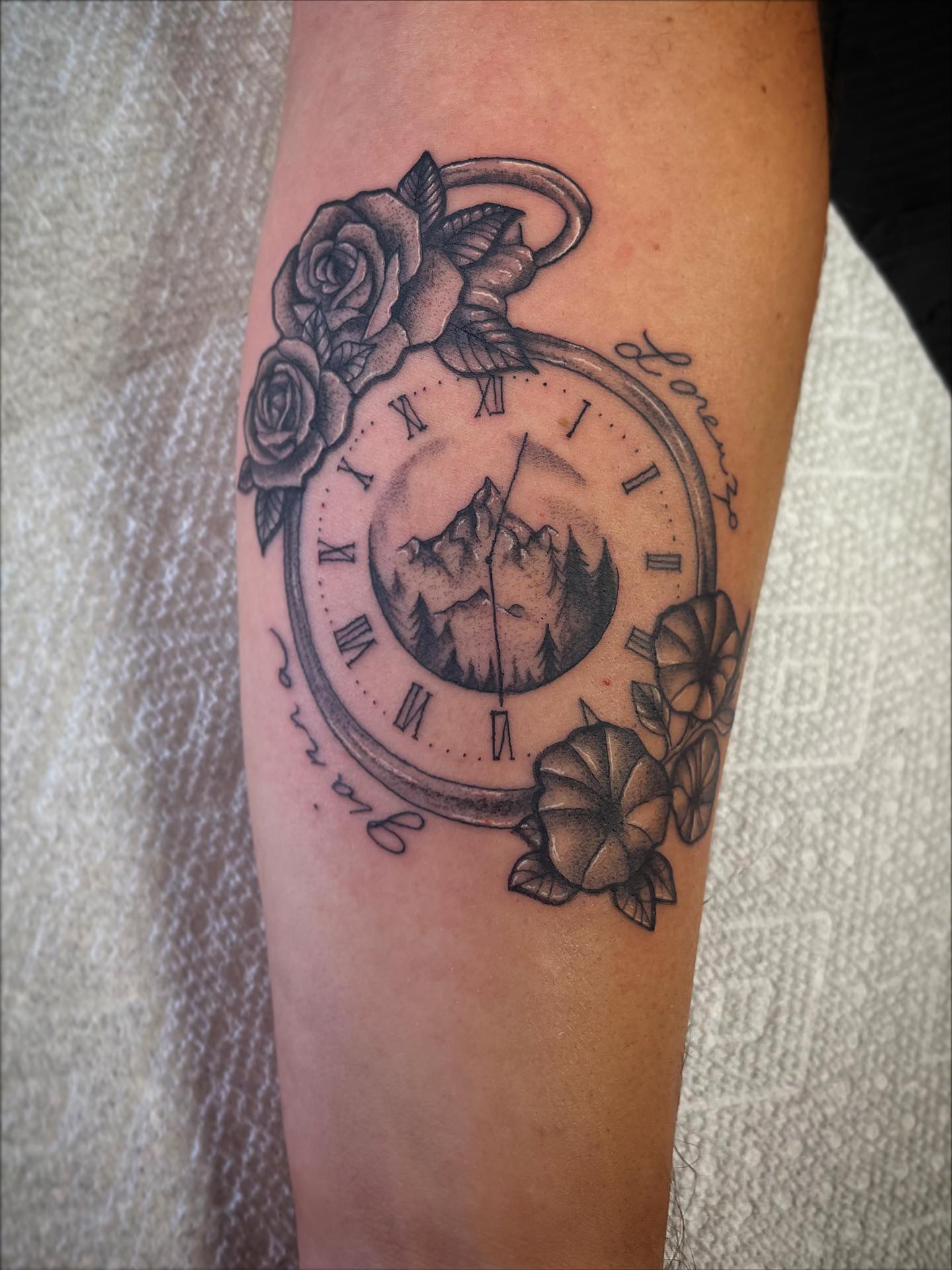 Birth Clock Tattoo With Daisies and Name Banner birth clock tattoos tattoo