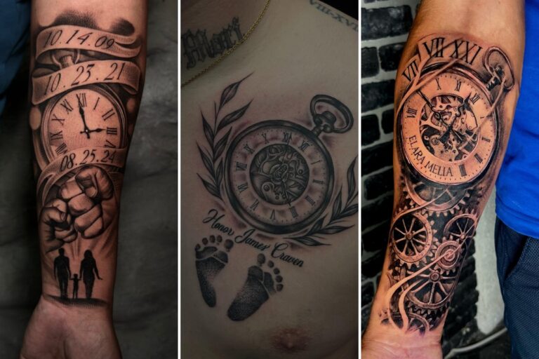 Aesthetic birth clock tattoos and delicate ink ideas collage