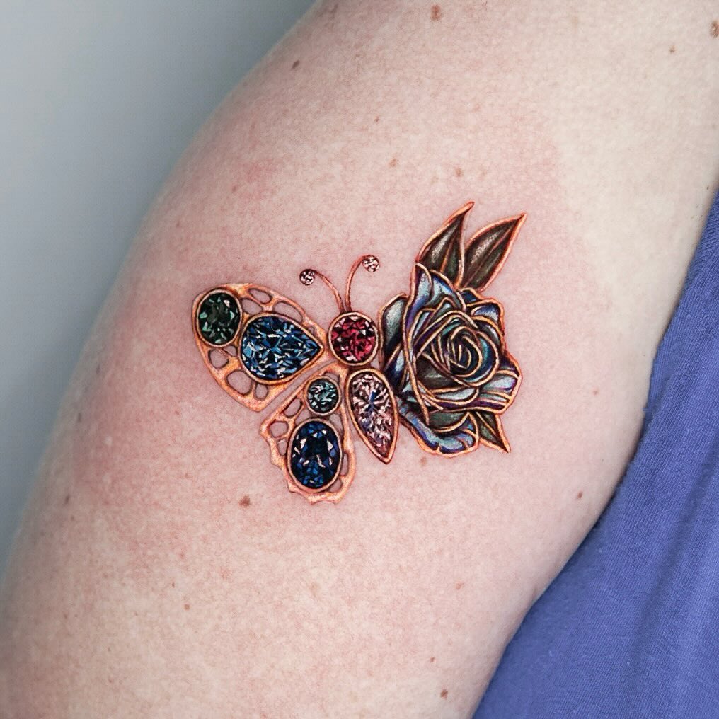 Butterfly And Rose Birthstone Tattoo
