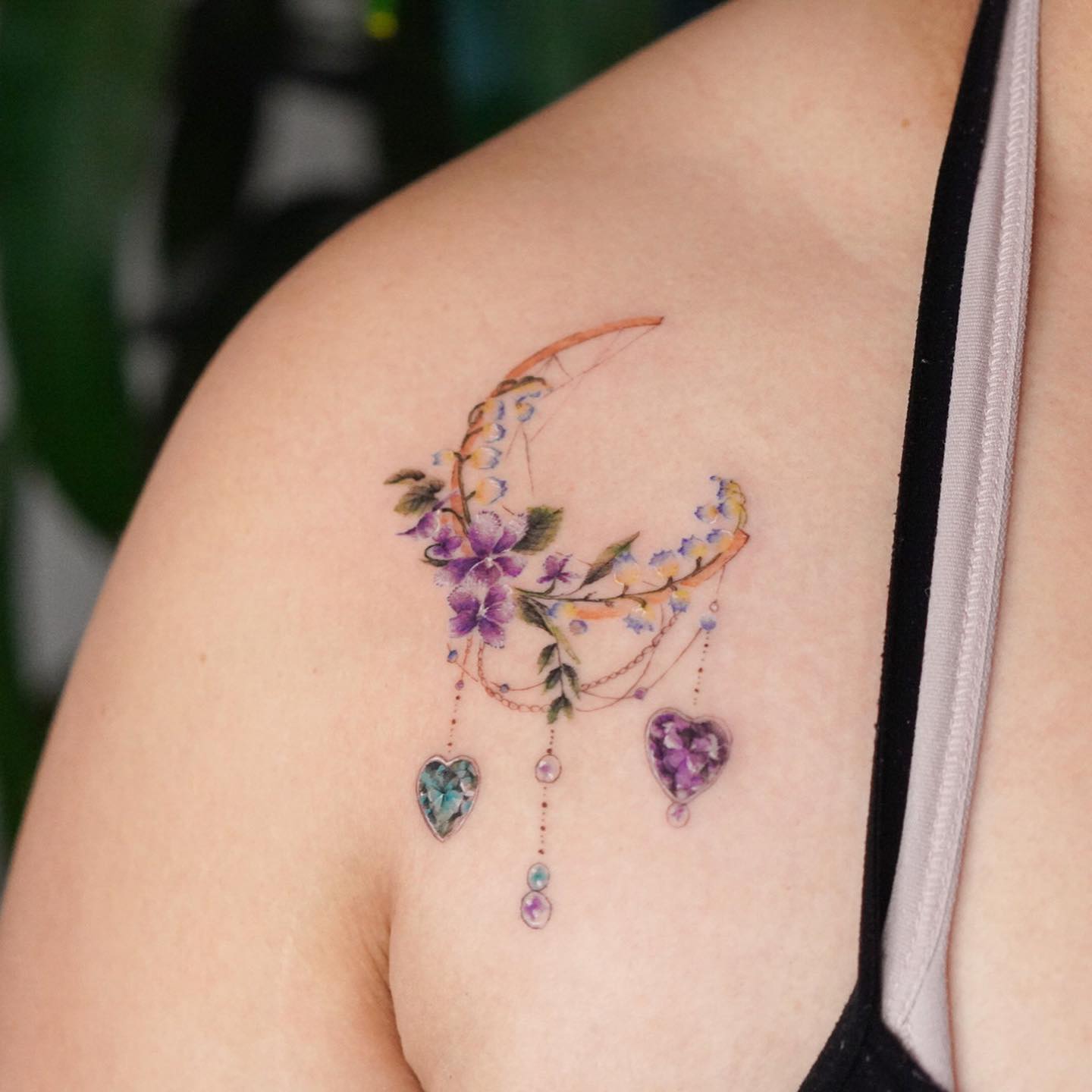 Crescent Moon Heart Birthstone Tattoo