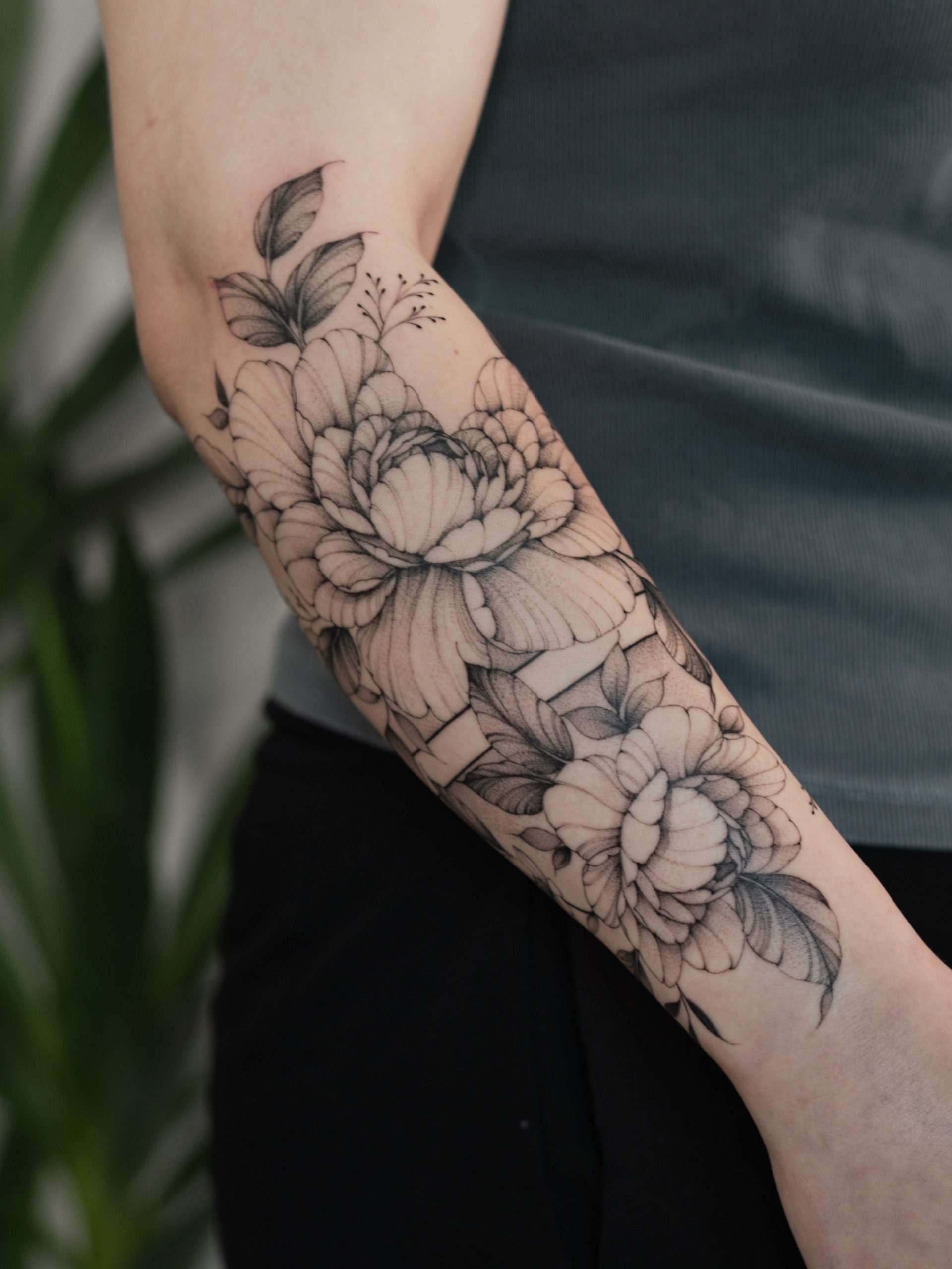 Black and Gray Peony Sleeve Tattoo peony tattoos ideas tattoo