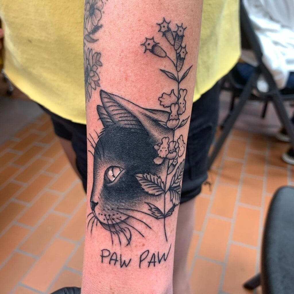 Black-and-Grey Cat Portrait with Flowers pet memorial tattoos tattoo