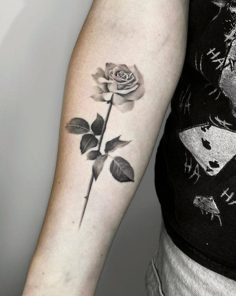 Black and Grey Realistic Rose Tattoo on Forearm rose tattoos for women tattoo