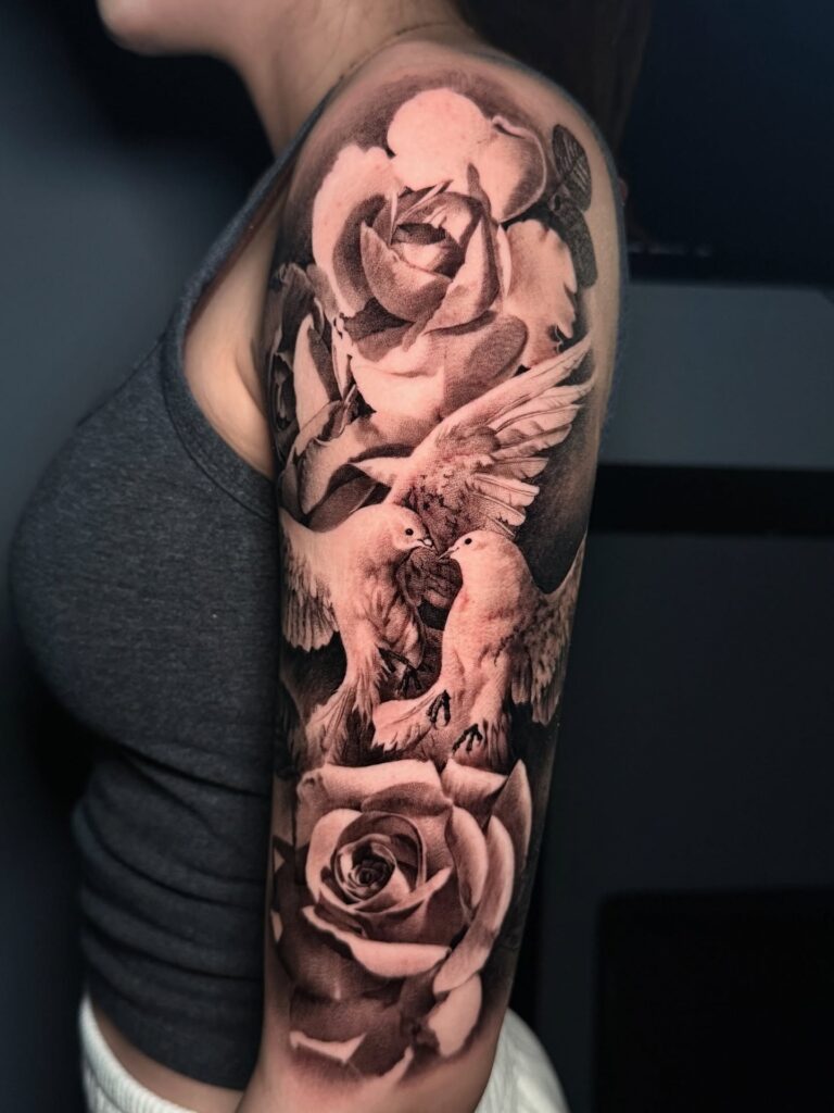 Black and Grey Rose and Doves Sleeve Tattoo rose tattoos for women tattoo