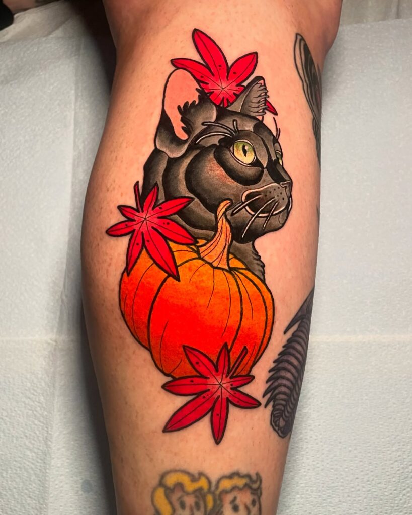 Enigmatic Woman With Pumpkins And Vines Tattoo Design