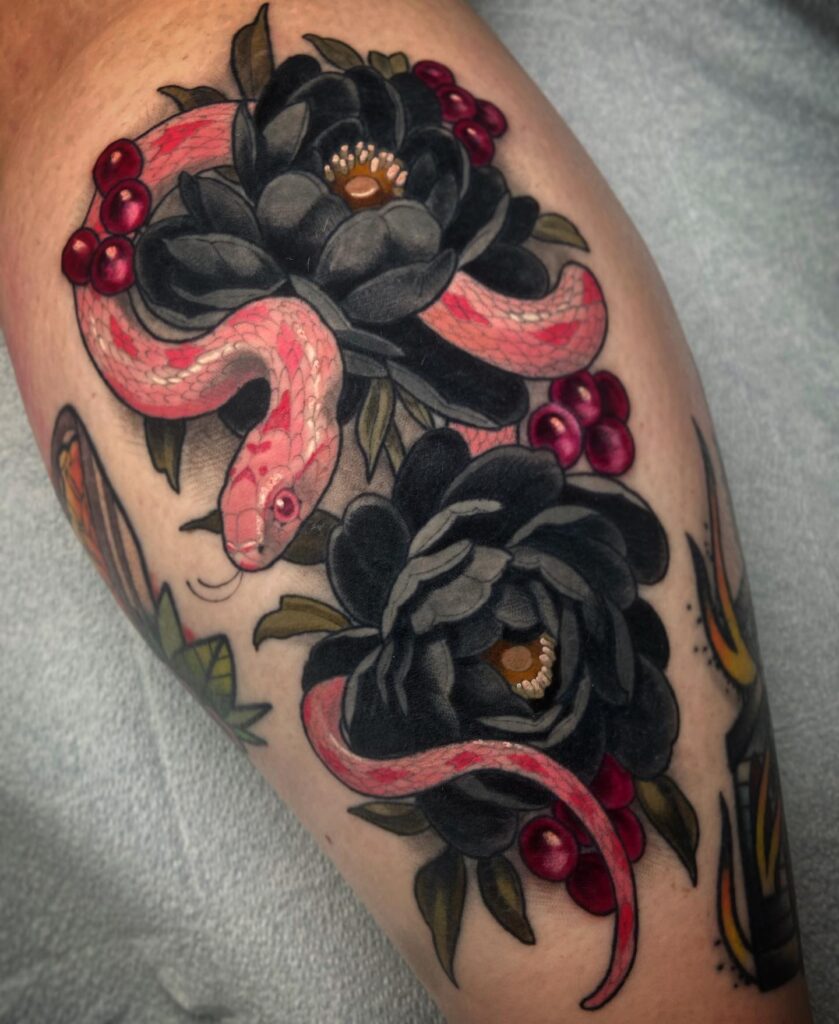 Black Peonies and Pink Snake Tattoo peony flower tattoo ideas tattoo