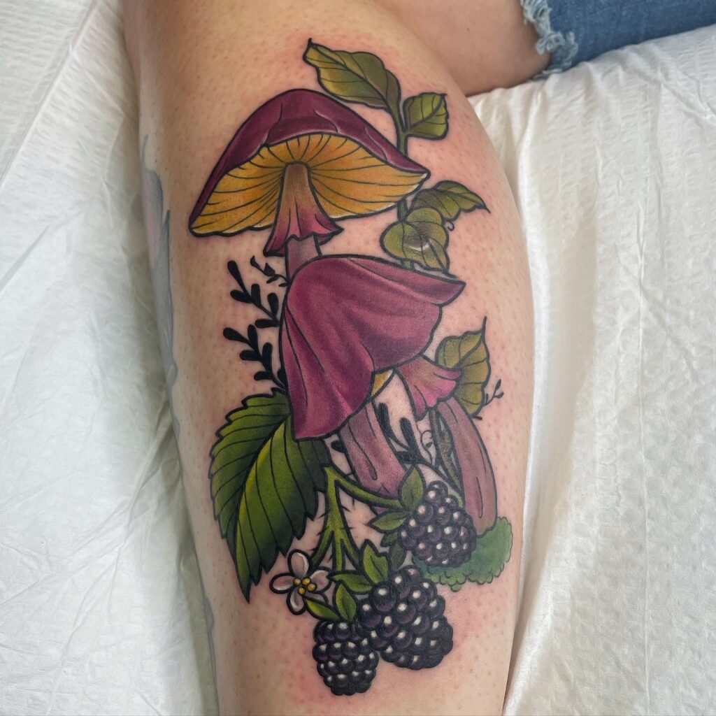 Anatomical Heart with Wild Mushrooms and Flowers Tattoo earthy tattoo ideas tattoo