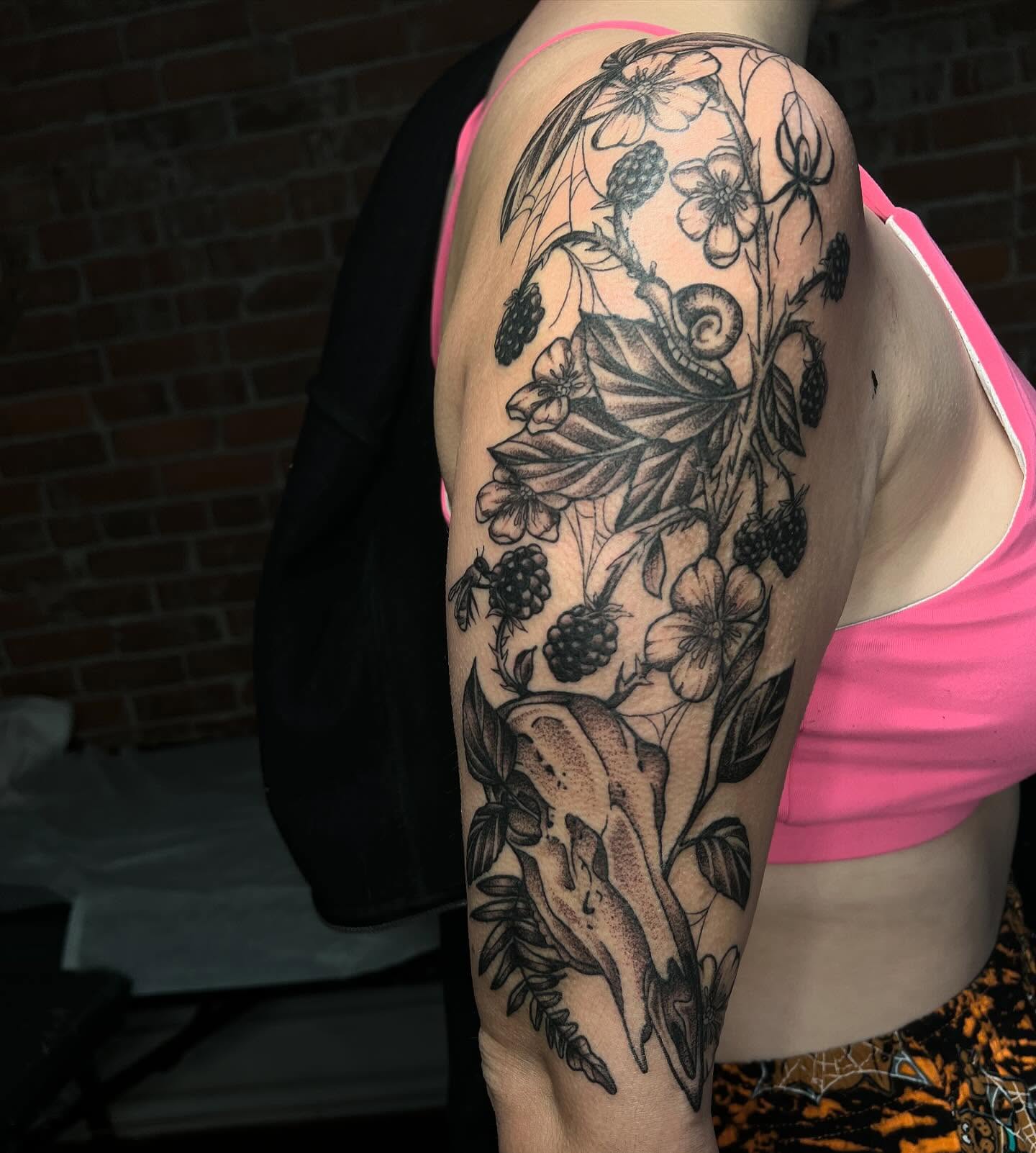 Blackberry and Skull Sleeve Tattoo