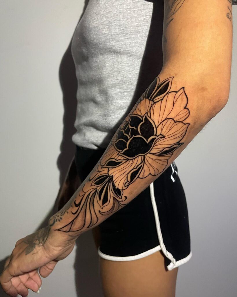 Blackout Peony Forearm Tattoo with Flowing Lines japanese peony tattoos tattoo