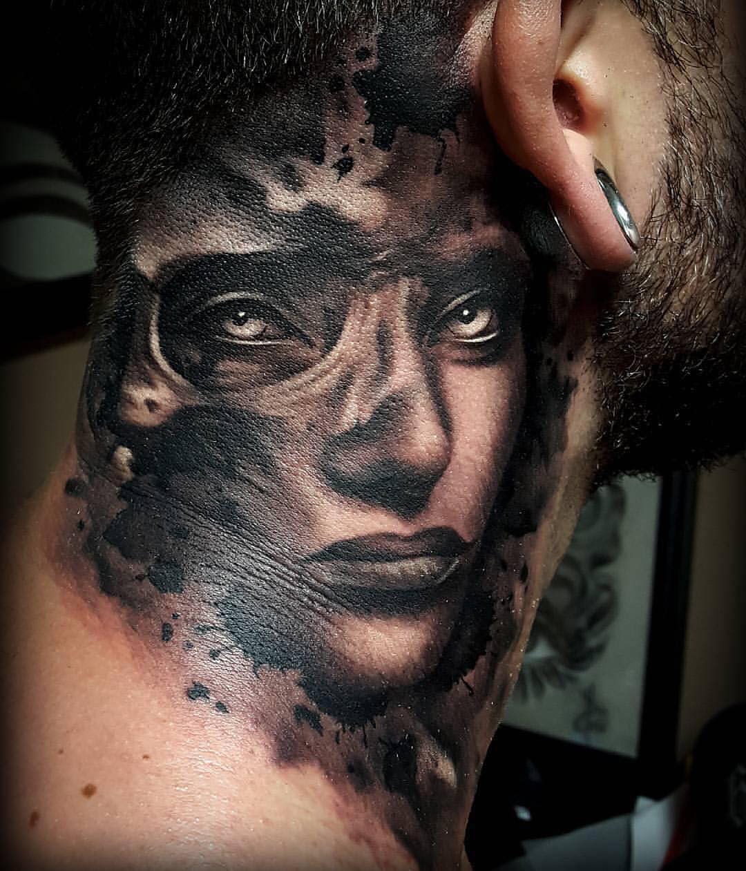 Blackwork Face Portrait Neck Tattoo