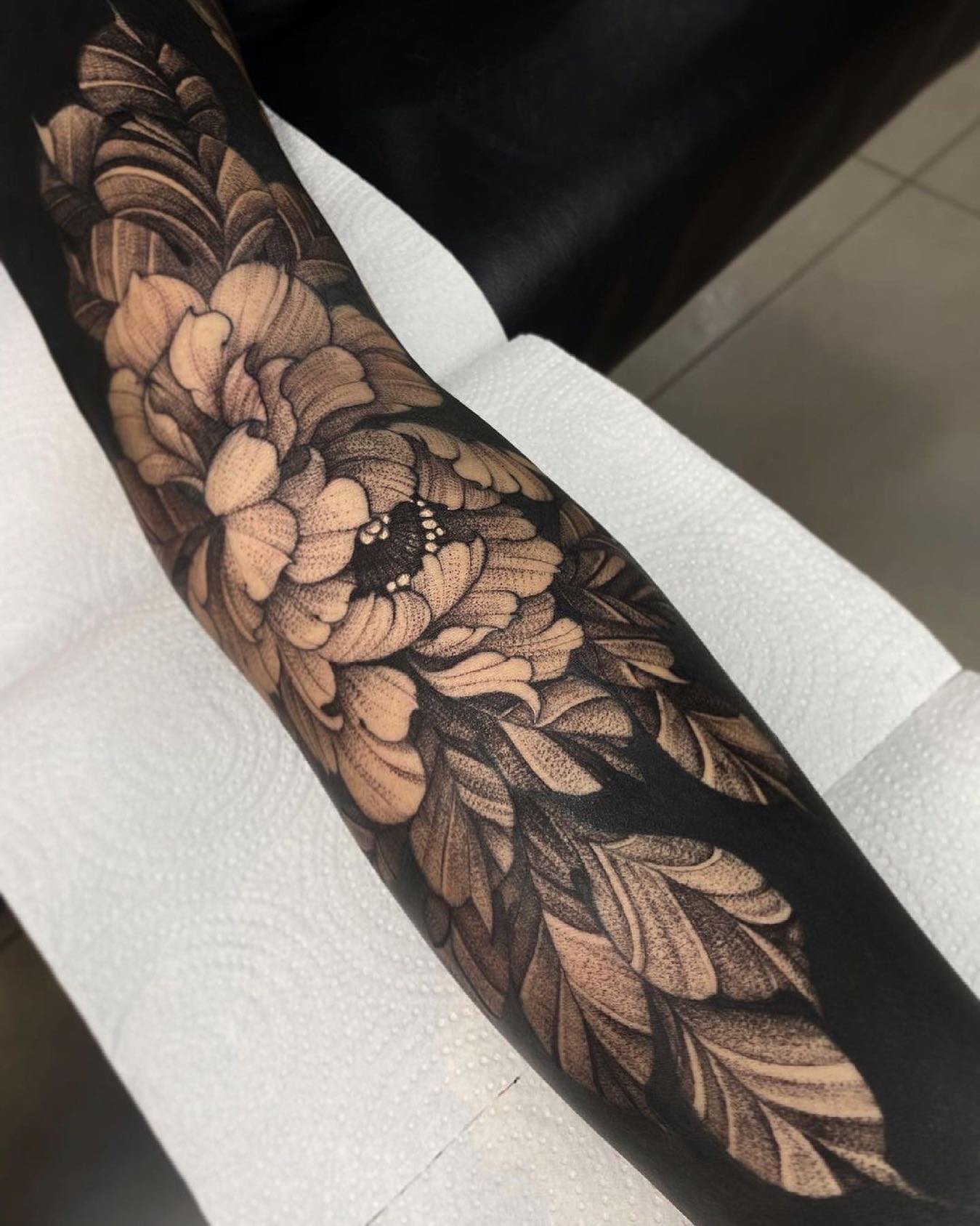 Blackwork Peony Sleeve Tattoo peony tattoos ideas tattoo
