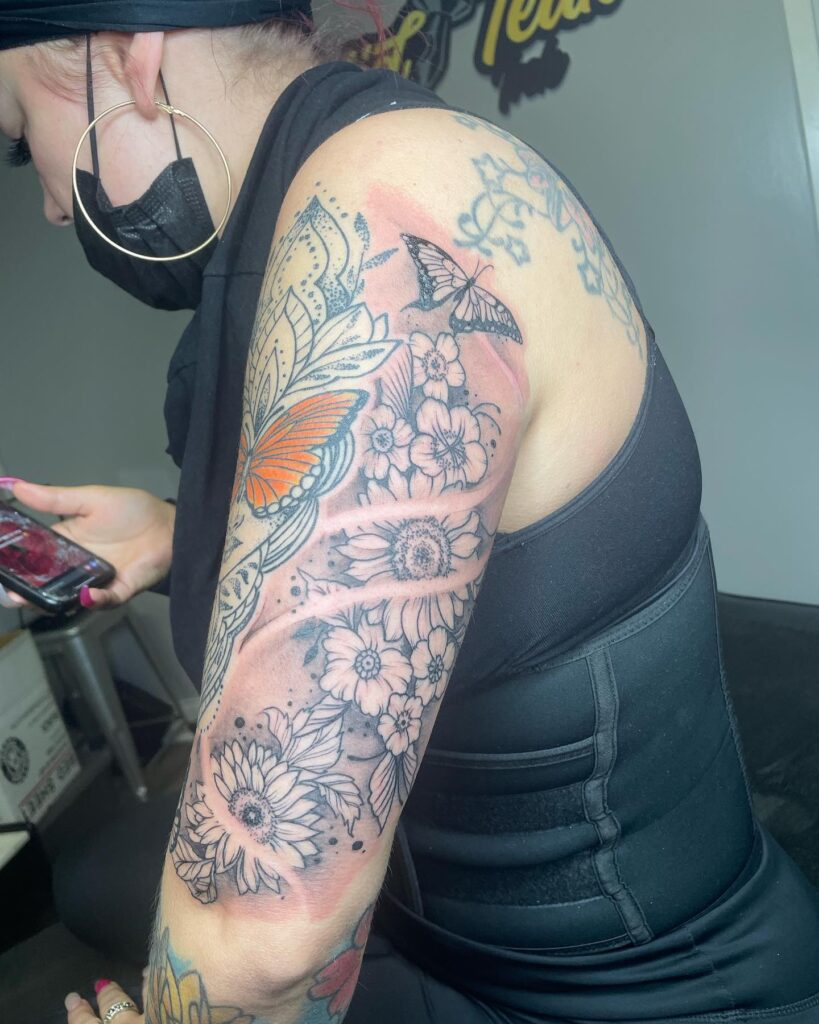 Ornamental Dotwork Sleeve Filler With Lotus And Mandala Flow Tattoo Design