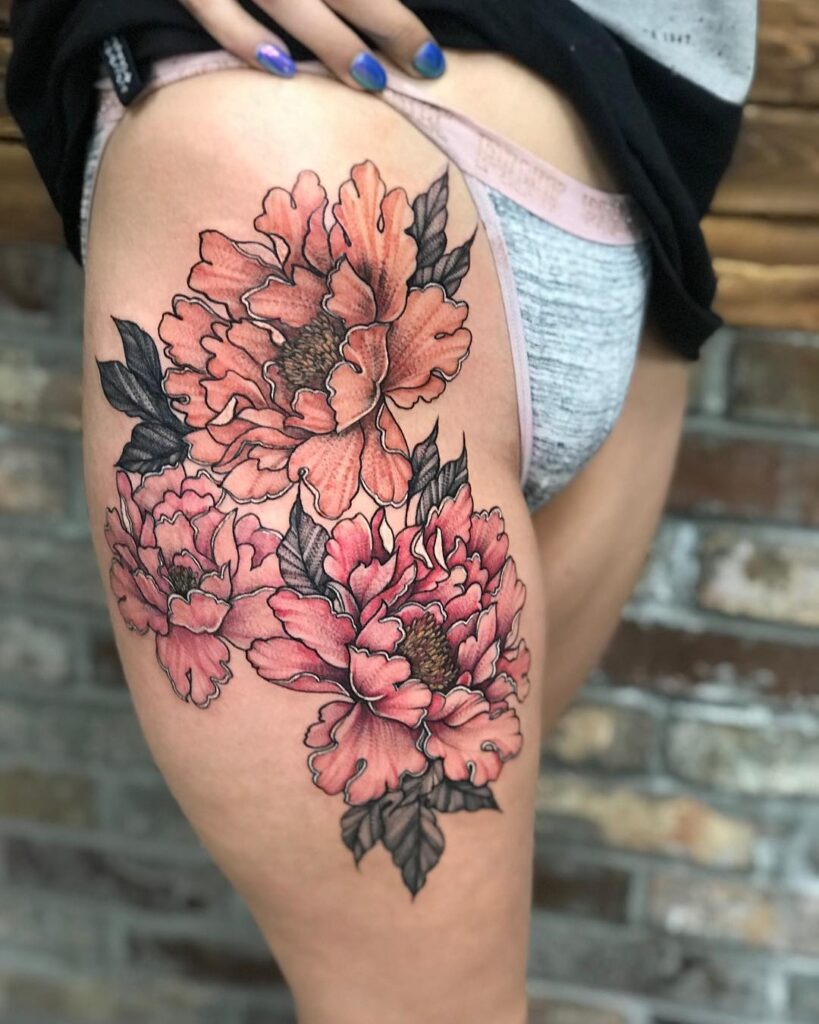 Blooming Peony Thigh Cluster Tattoo japanese peony tattoos tattoo