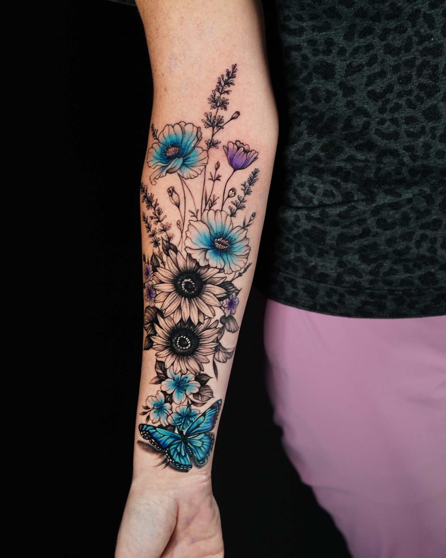 Blue Butterfly and Wildflower Sleeve Tattoo