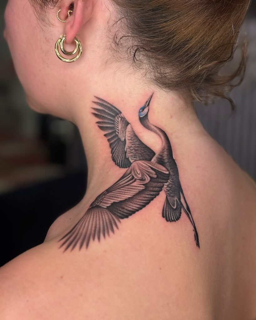 Blue Heron Neck and Shoulder Tattoo bird tattoo ideas for women with meaning tattoo