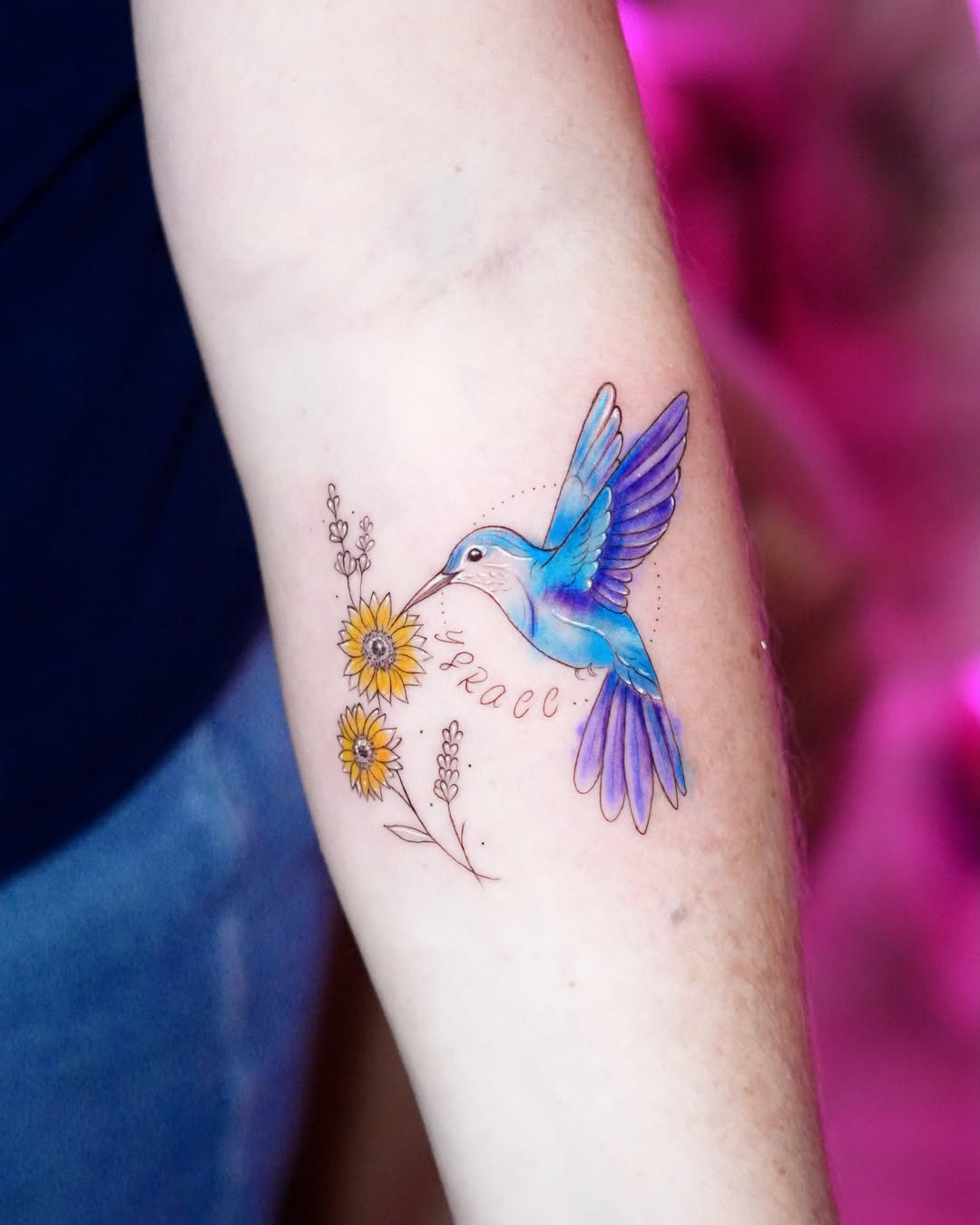 Blue Hummingbird and Sunflower Memorial Tattoo hummingbird tattoos ideas tattoo