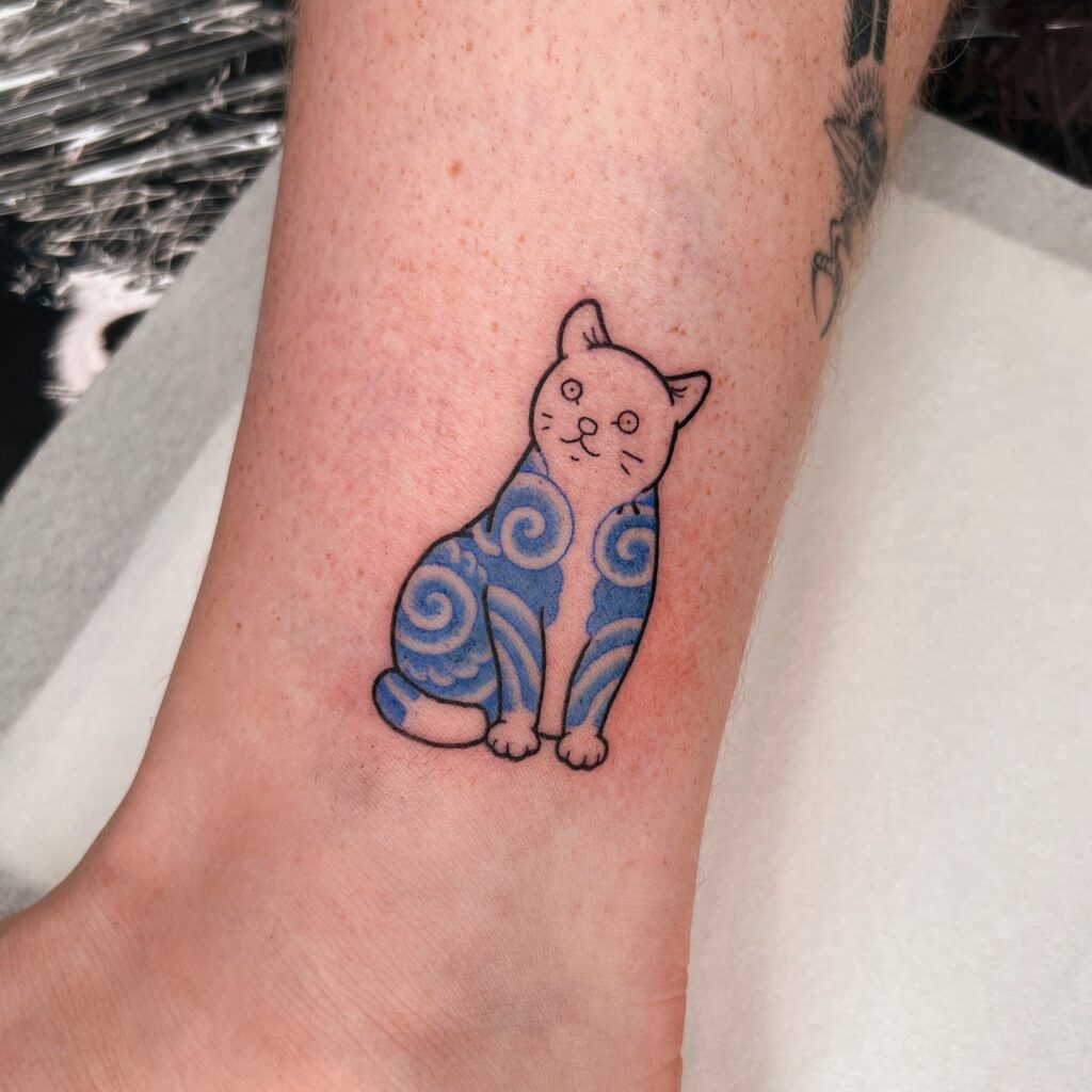 Blue Porcelain Cat Tattoo small cat tattoos tattoo