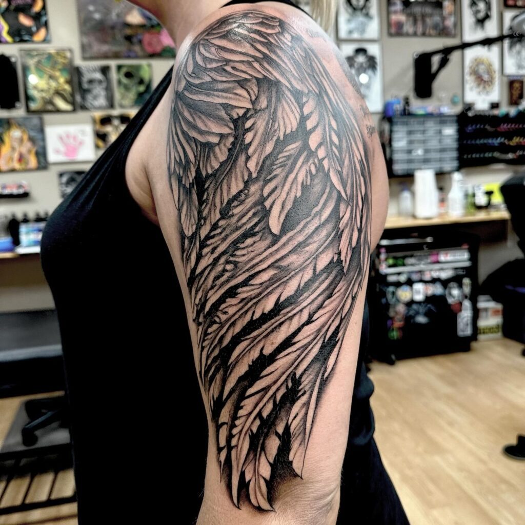 Bold Angel Wing Shoulder Sleeve Tattoo angel wings tattoo ideas tattoo