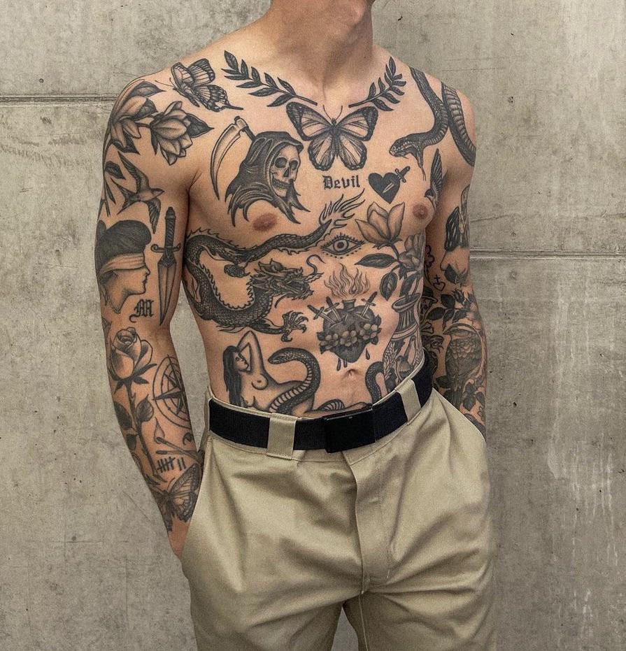 Traditional Blackwork Patchwork Arm Tattoos