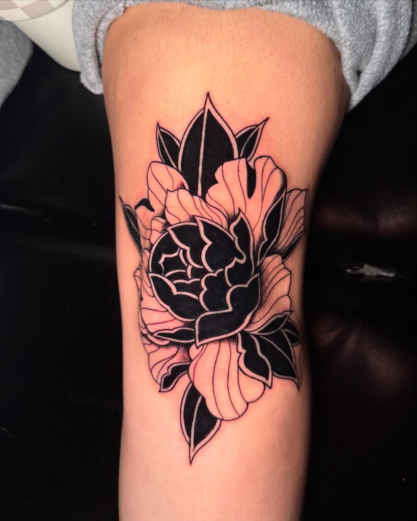Bold Blackwork Peony on Thigh japanese peony tattoos tattoo