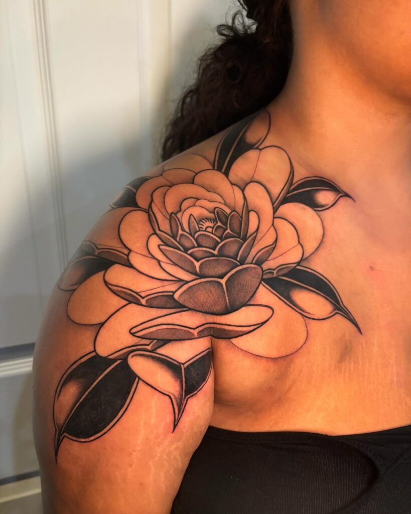 Blue Cherry Blossom Shoulder Tattoo