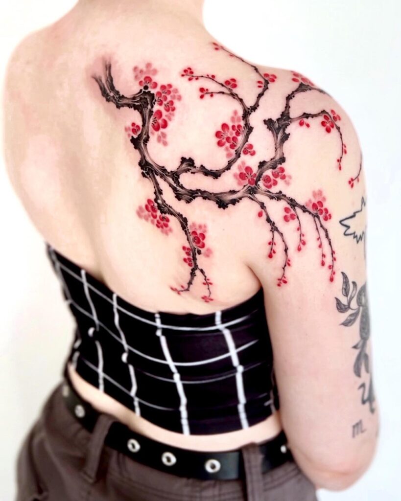 Bold Cherry Blossom Shoulder and Back Tattoo cherry blossom tattoo ideas tattoo