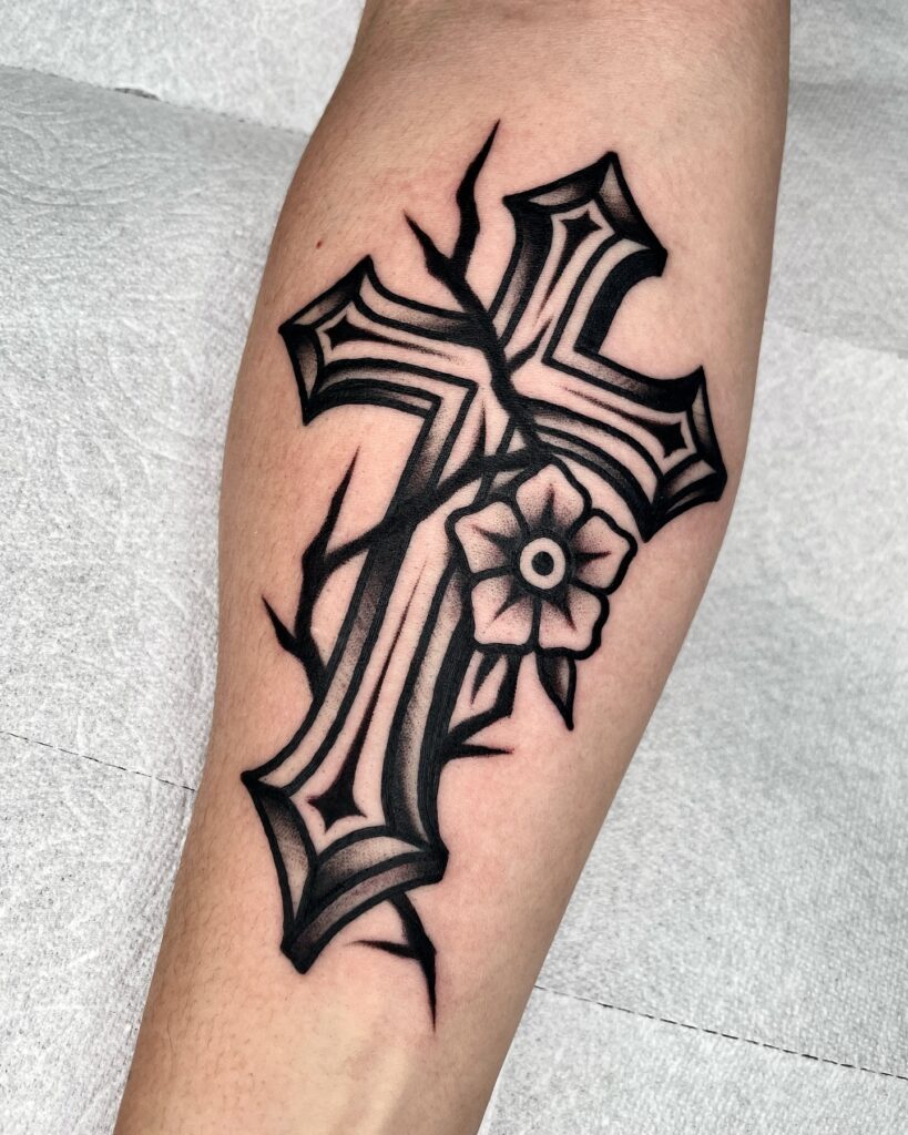 Bold Gothic Cross with Flower and Vine Tattoo cross tattoos for men tattoo