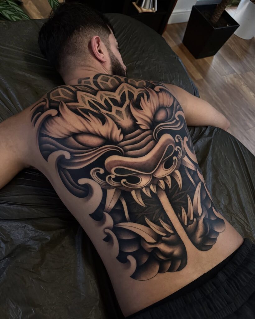 Bold Japanese Dragon Mask Back Tattoo back tattoos for guys tattoo