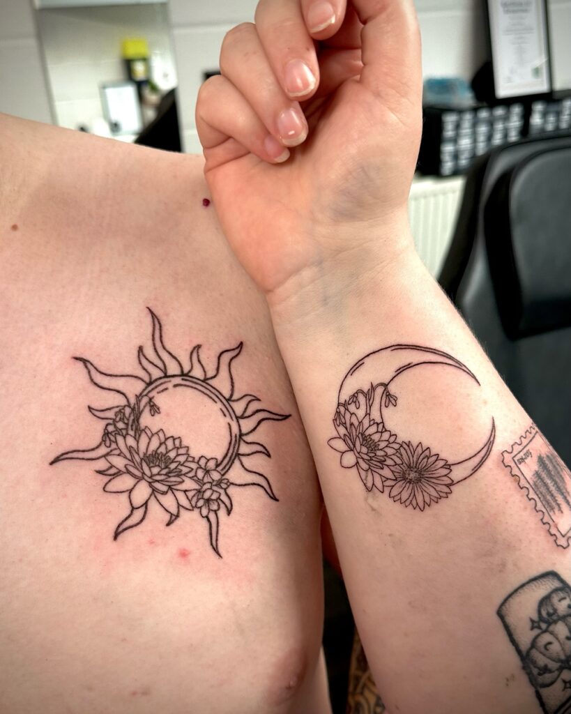 Floral sun and moon tattoos with bold outlines