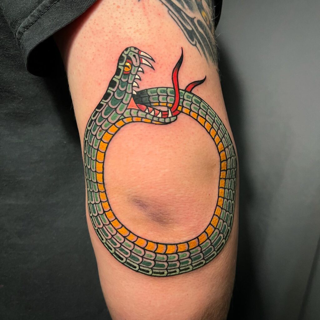 Blue Dragon Ouroboros Tattoo With Norse Symbols And Moons