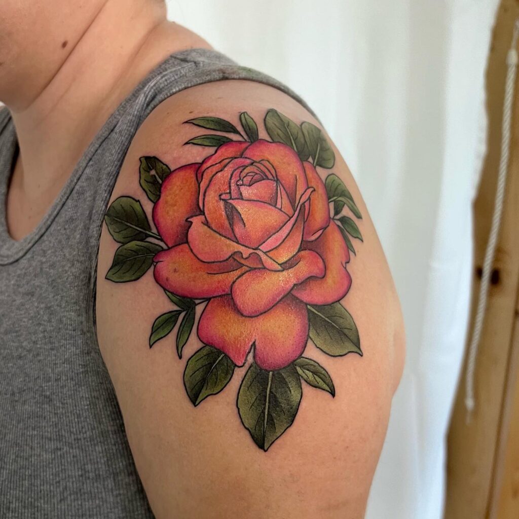 Bold Orange Rose Tattoo on Upper Arm rose tattoos for women tattoo