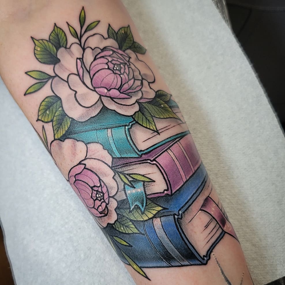 Nature-Laced Book Stack Tattoo book lover tattoos tattoo