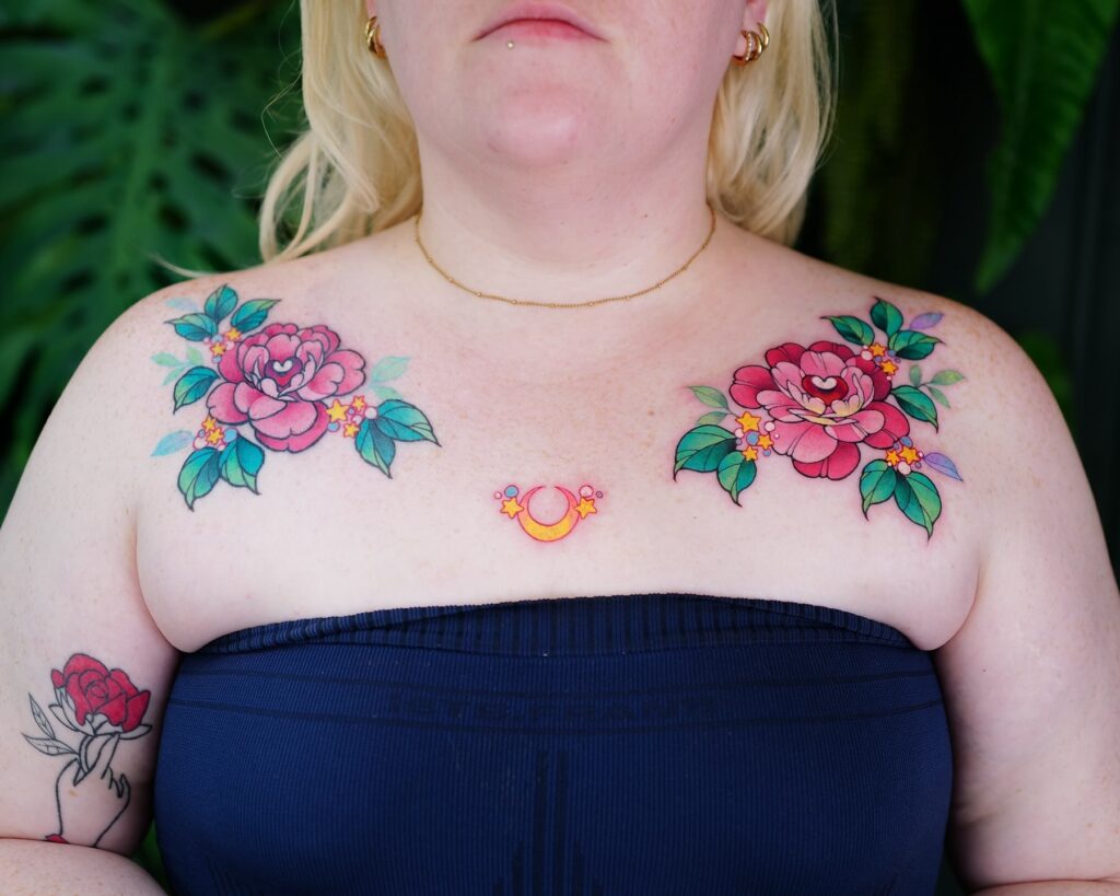 Watercolor Flower Collarbone Tattoo
