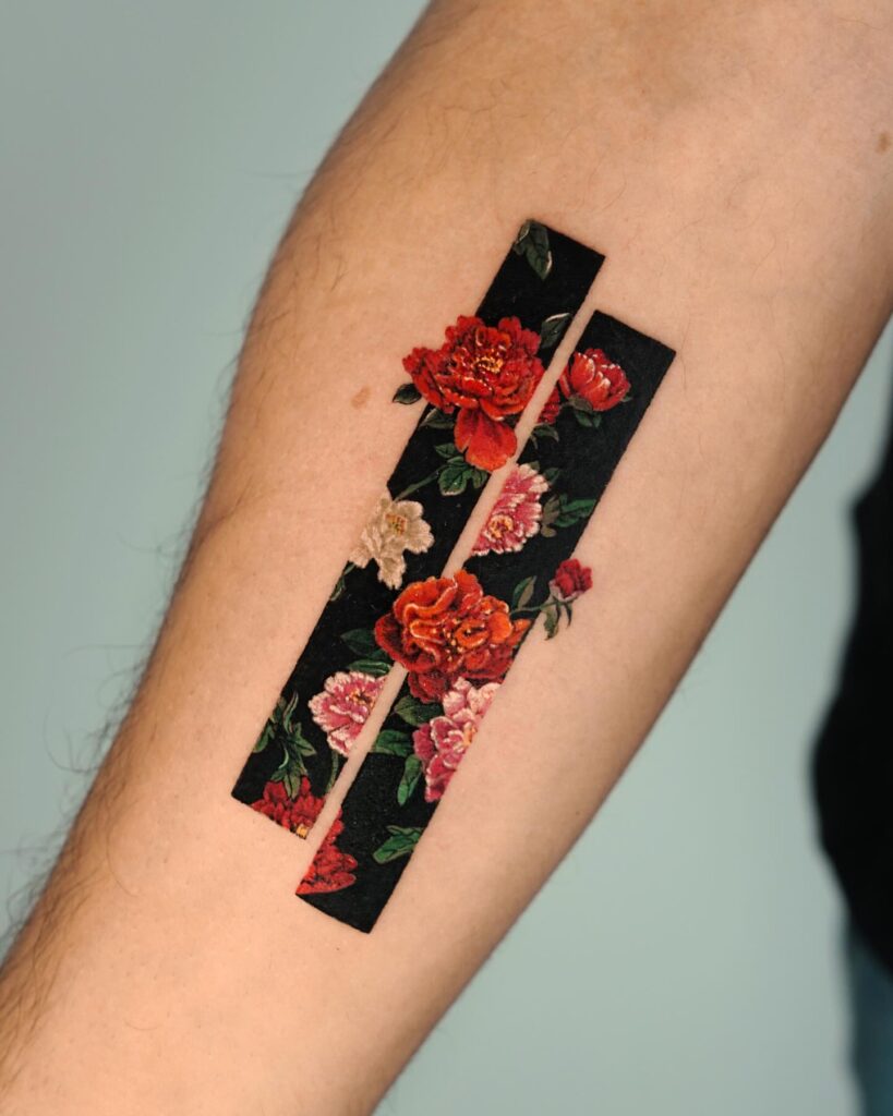 Bold Peony Blossoms with Black Bar Tattoo peony flower tattoo ideas tattoo