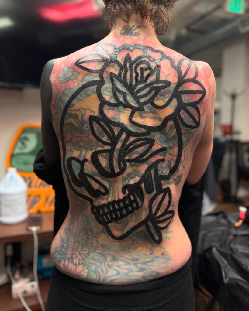 Scenic Mountain Sunrise Back Tattoo