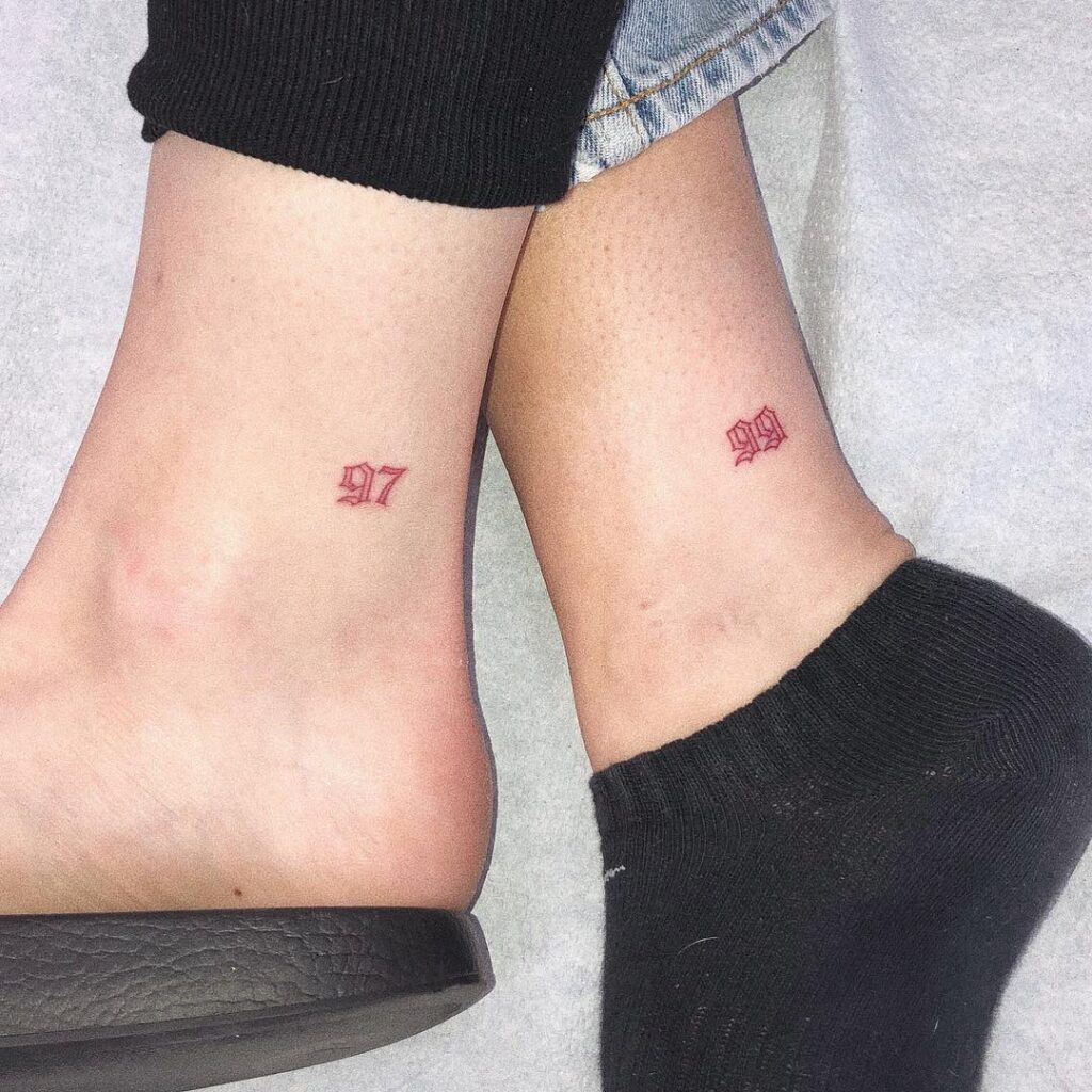 Bold Vintage Birth Year Typography matching sibling tattoo