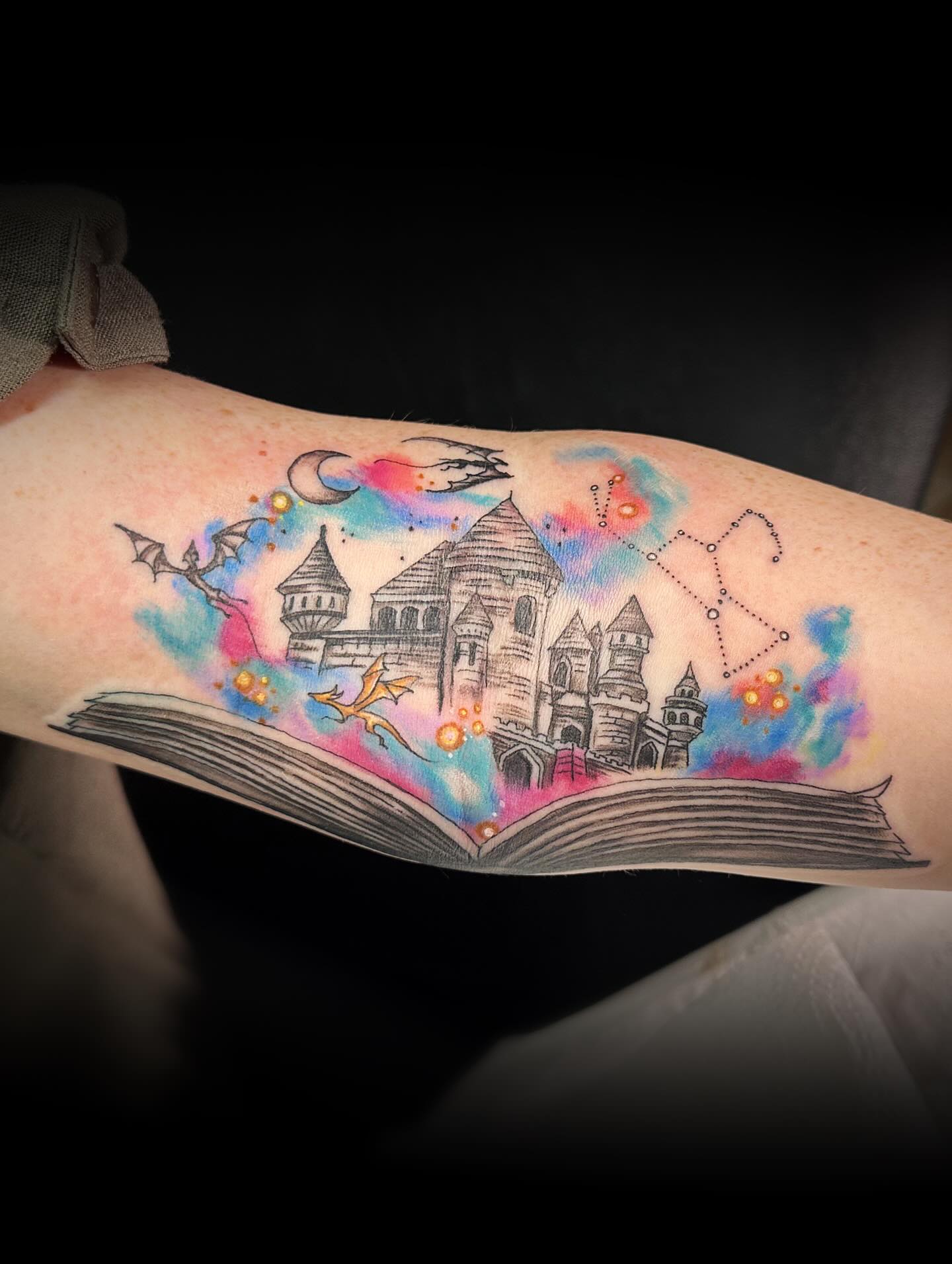 Fantasy Castle Rising From Book Tattoo