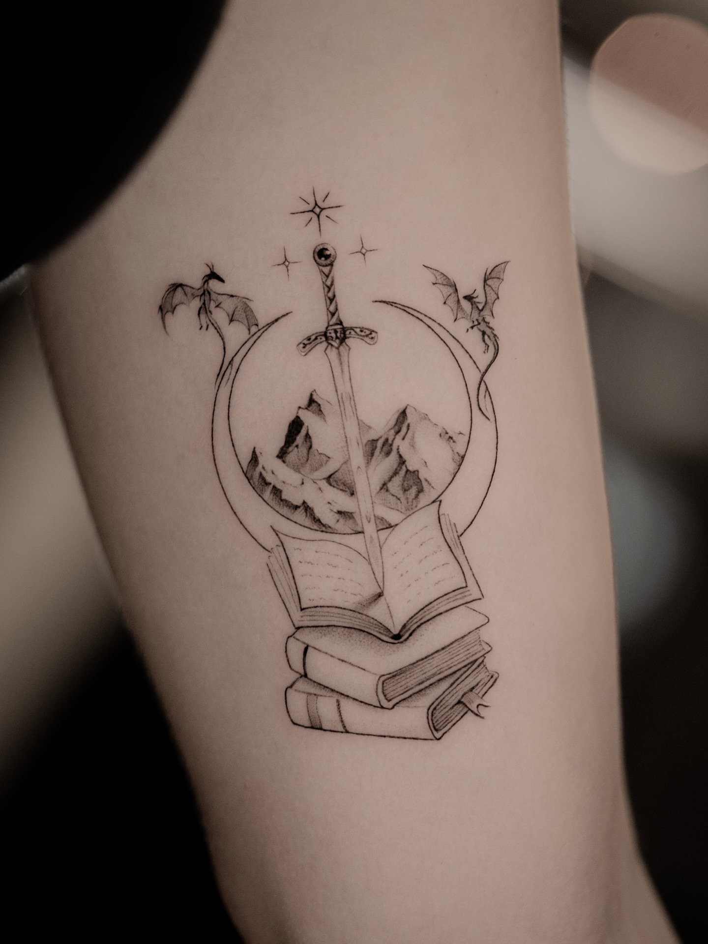 Fantasy Sword And Book Tattoo