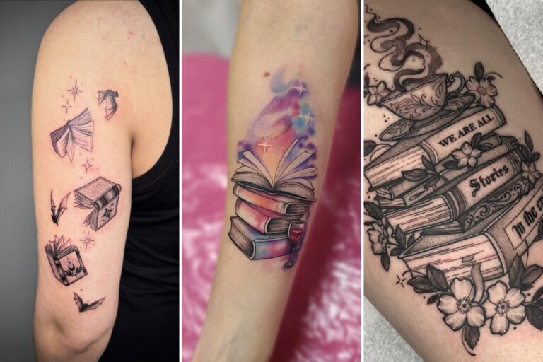 Aesthetic book tattoos ideas and delicate ink ideas collage