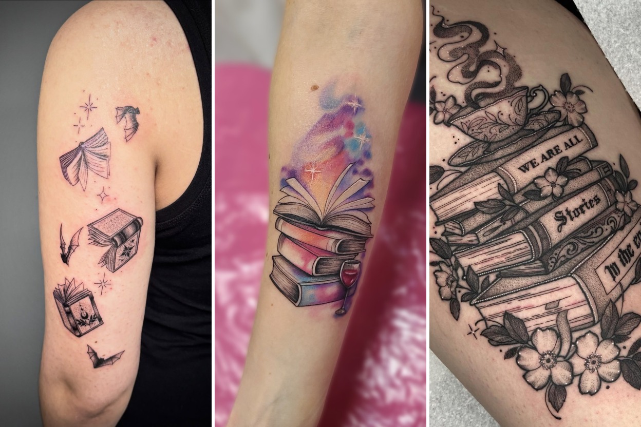 Aesthetic book tattoos ideas and delicate ink ideas collage