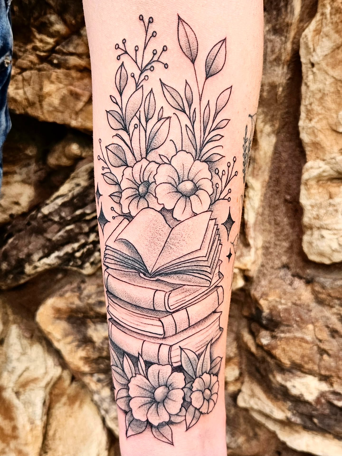 Floral Book Stack Tattoo
