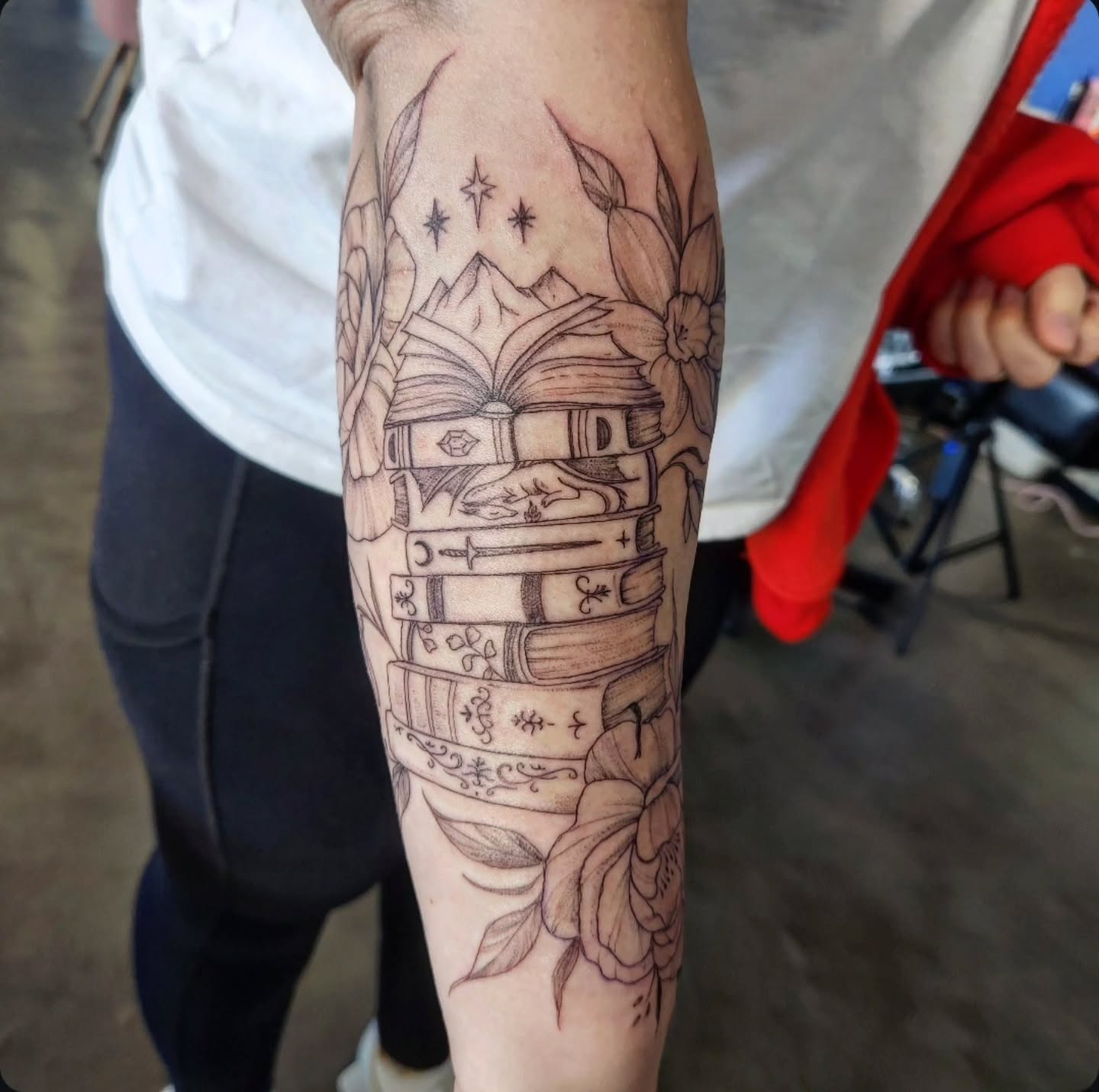 Floral Fantasy Book Stack Tattoo