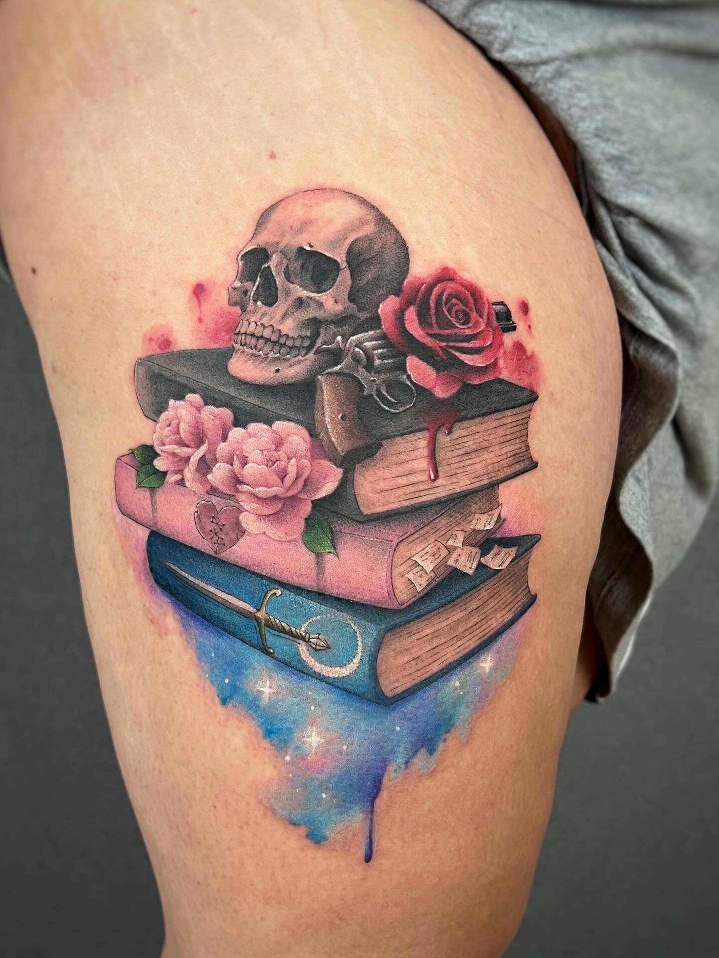 Gothic Skull And Book Stack Tattoo