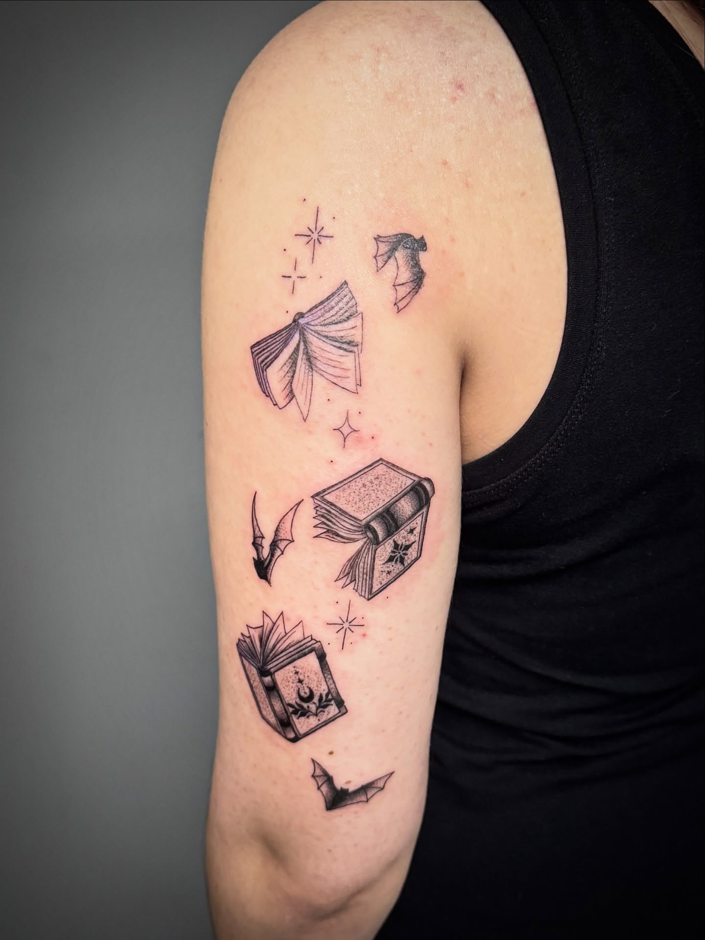 Magical Spell Book And Bats Tattoo
